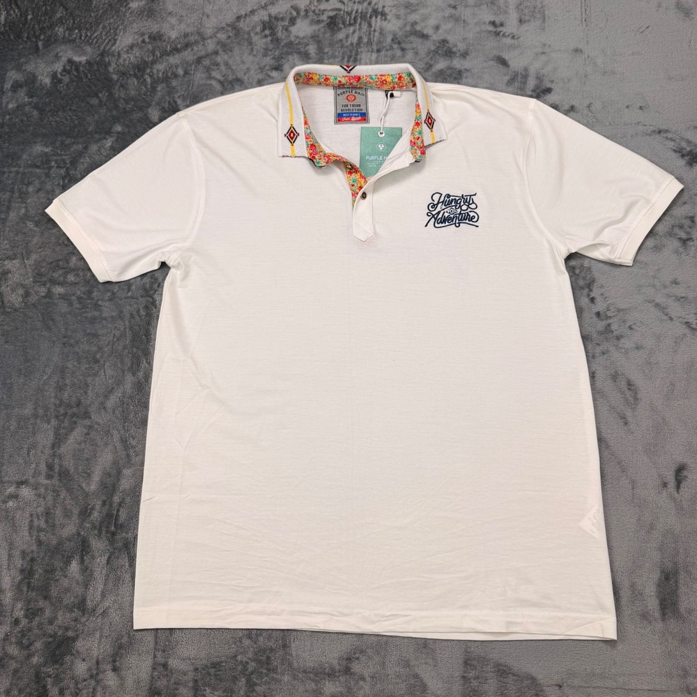 NWT Purple Haze Polo Shirt L White‎ Embroidered Hungry For Adventure Floral